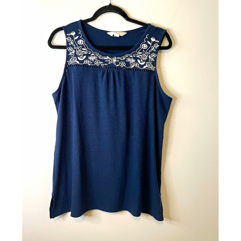 Magnolia Grace Tank Top Women's XL Blue Floral Embroidered Scoop Neck Boho